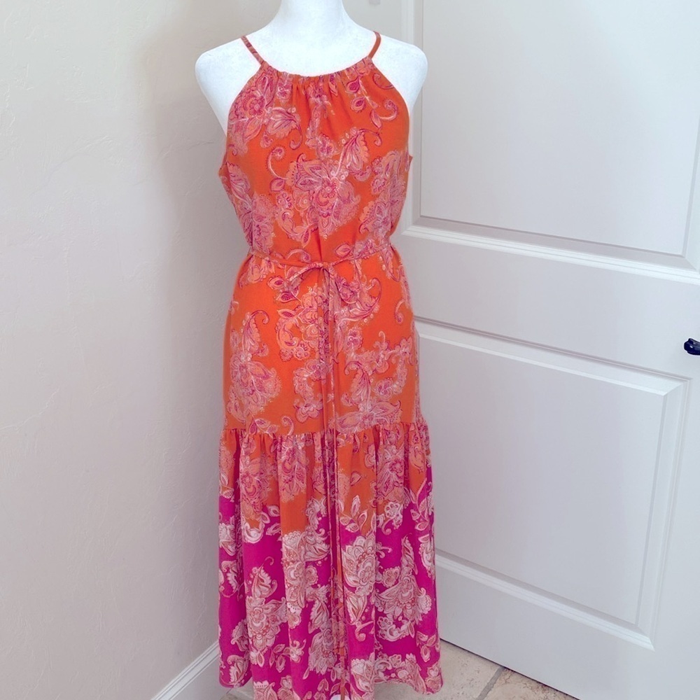 Maison Tara Sleeveless Paisley Halter Neck Dress Women’s Orange Pink Summer Sz 6